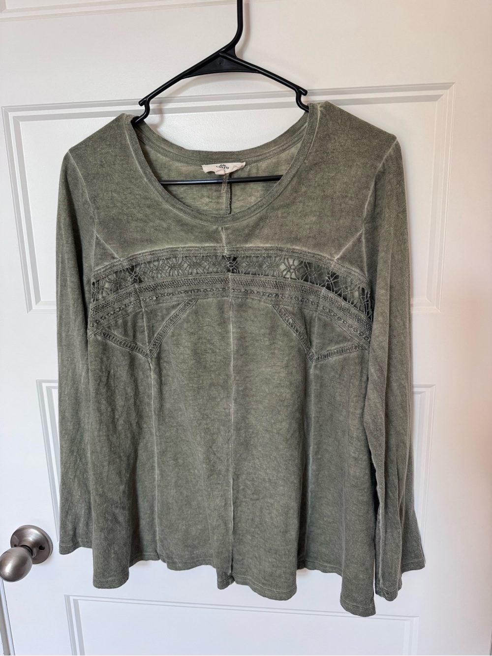Entro Boho Lace-Trim Long Sleeve Top - Olive Green